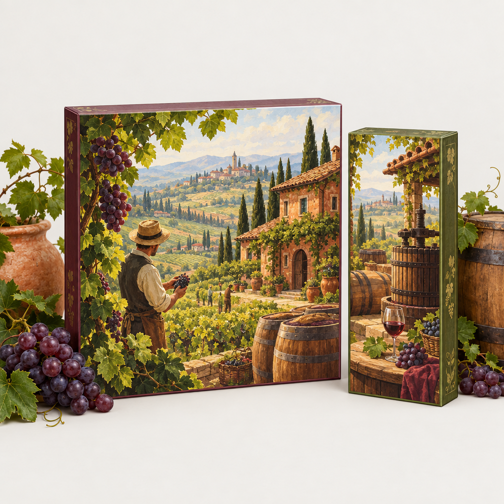 Ilustración promocional de un pack de juego de mesa Viticulture y expansión Bordeaux con viñedo y barricas
